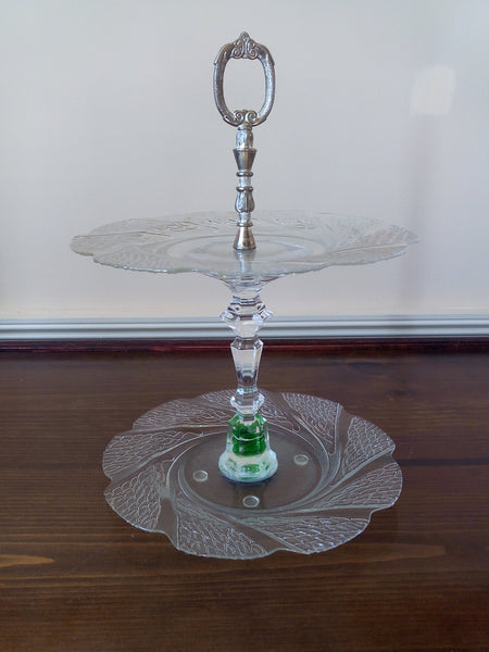 "Green Marbles" Two-tier Tidbit Tray with Antique Silver Center Handle - FayZen's Kreations