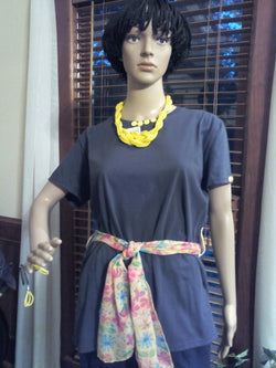 Yellow Button Hand Crafted Charcoal Gray Ladies T-Shirt with Scarf & Necklace Set - FayZen's Kreations