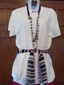 Purple Button Hand Crafted Ladies T-Shirt with White, Black & Purple Scarf plus Necklace Set - FayZen's Kreations